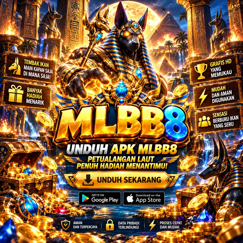 MLBB8 APK dengan tema Anubis, kuil Mesir, piramida, koin emas dan tombol unduh.