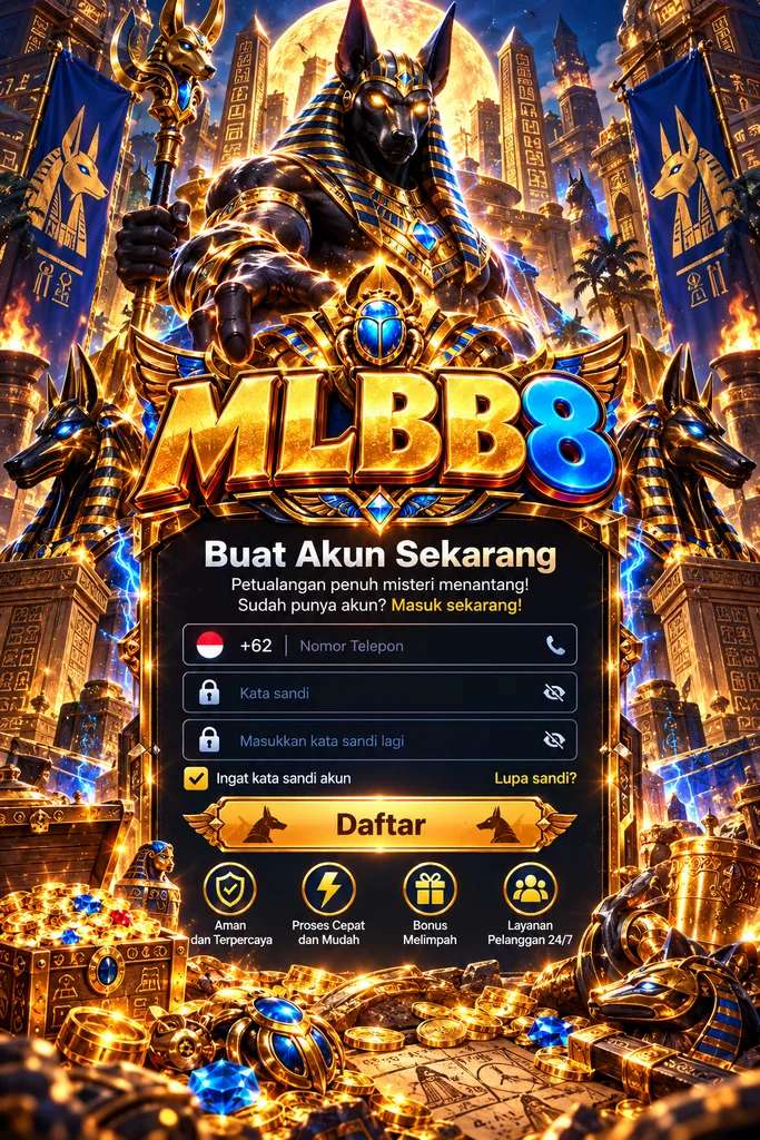 MLBB8 Daftar dengan tema Anubis, kuil Mesir, emas, scarab dan formulir pendaftaran akun.