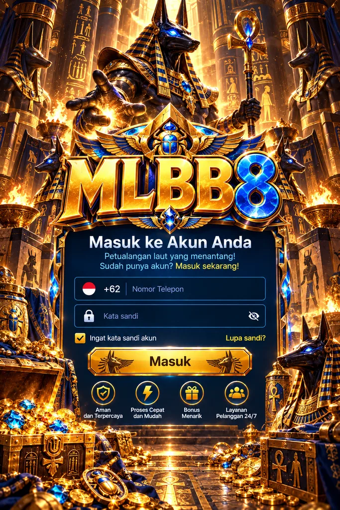 MLBB8 Login dengan tema Anubis, kuil Mesir, emas, simbol scarab dan halaman masuk akun.